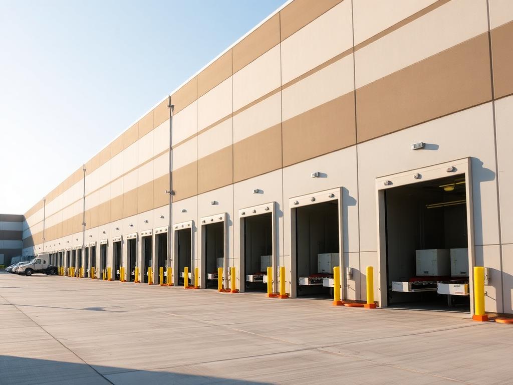 Modern industrial distribution warehouse with loading docks