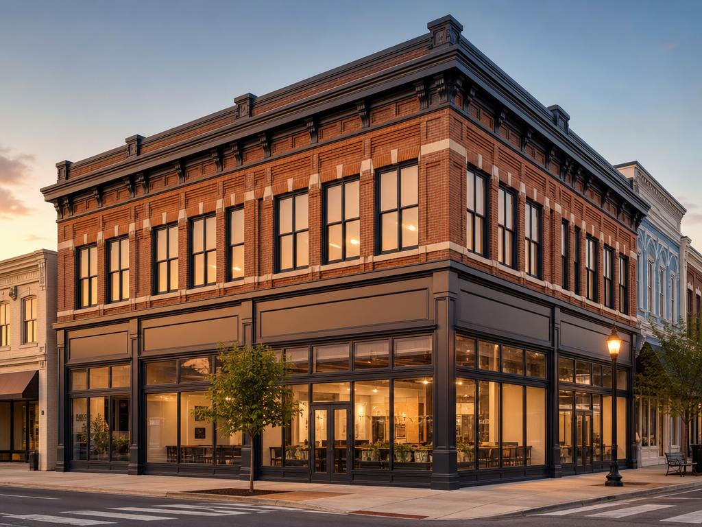 Restored historic downtown mixed-use brick building at dusk