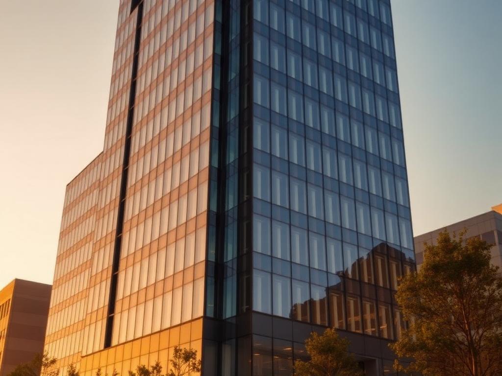 Glass and steel Class A office tower at golden hour