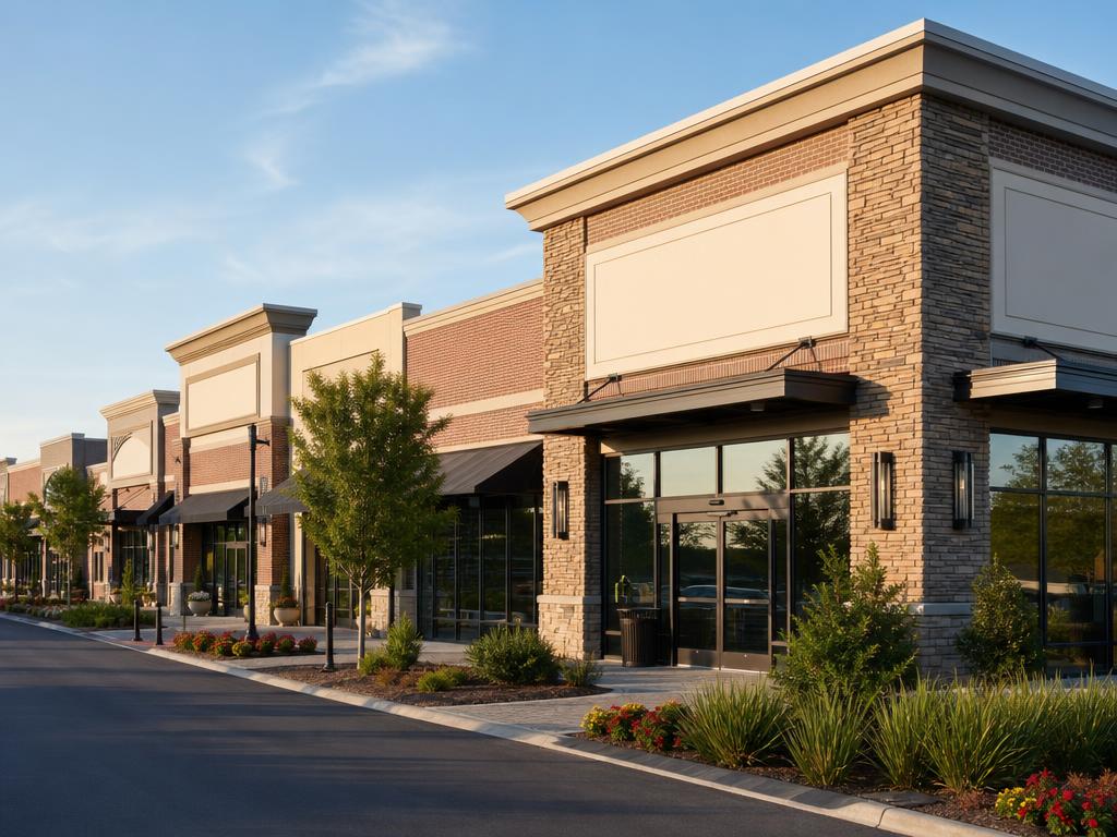 Suburban retail shopping center with landscaped walkway